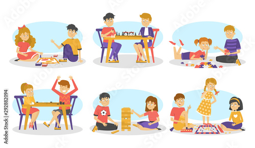 Children playing board game set. Chess and checkers, puzzle