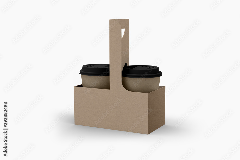 3D illustrator paper coffee cup carrier mockup. Cup holder isolated on
