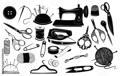 Set of tools for sewing and cutting. Collection of sewing supplies. Black and white vector illustration for atelier tailoring. Tattoo.