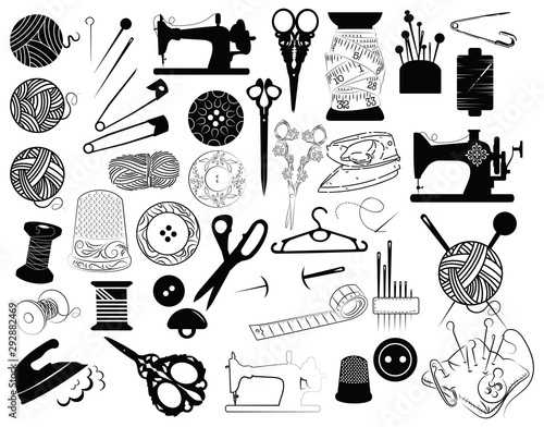 Set of tools for sewing and cutting. Collection of sewing supplies. Black and white vector illustration for atelier tailoring. Tattoo.