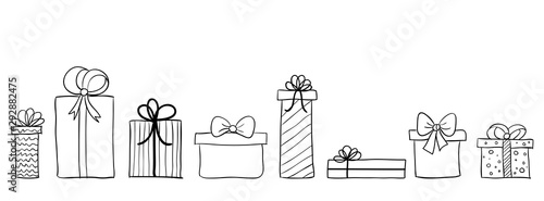 Seamless long banner with hand drawn gift boxes. Vector background with doodle presents. Christmas banner, greeting card