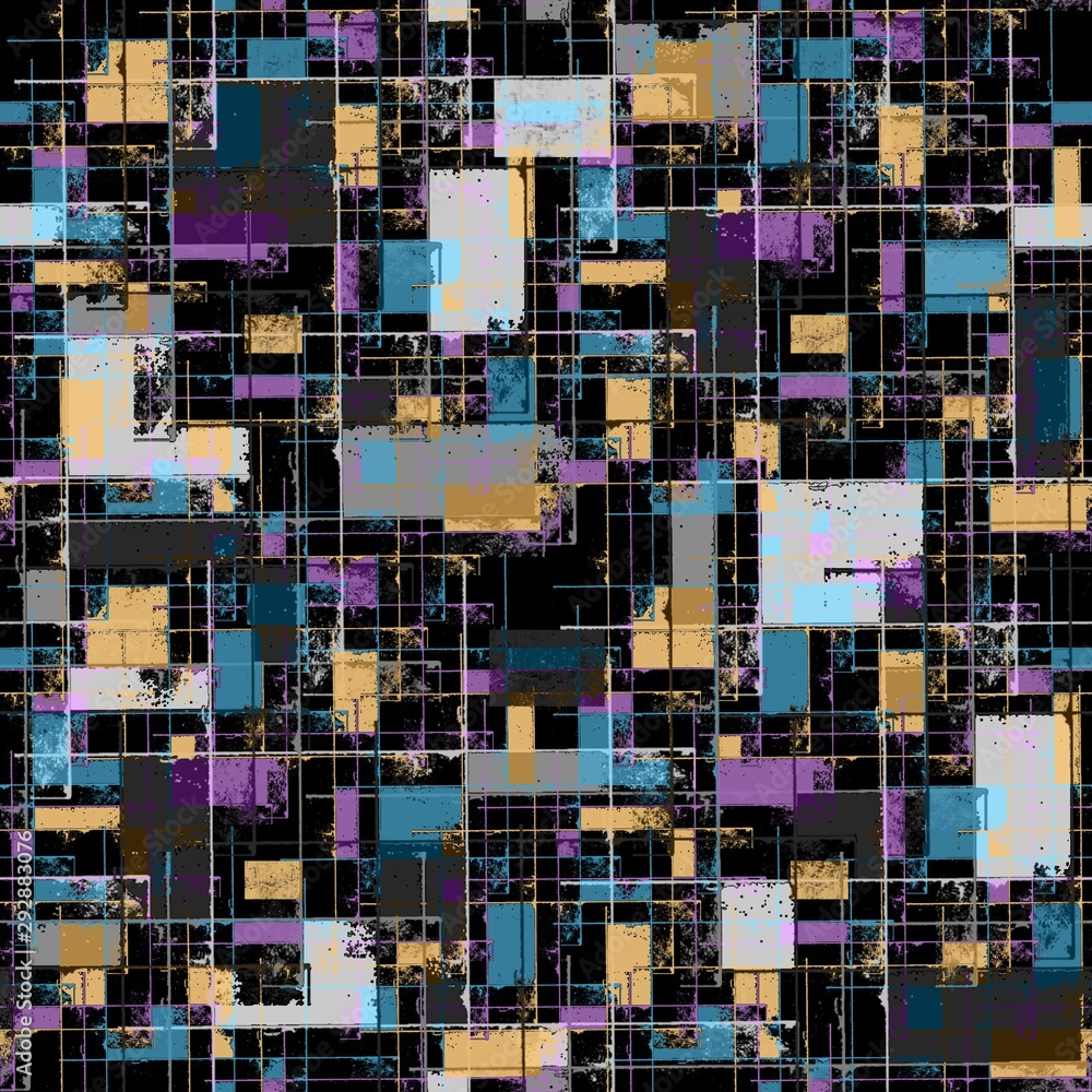 Seamless pattern of blue, purple, gray, beige spots on a black background. Perpendicular lines. Abstraction. - obrazy, fototapety, plakaty 