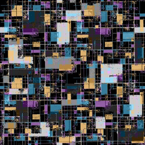 Seamless pattern of blue  purple  gray  beige spots on a black background. Perpendicular lines. Abstraction.