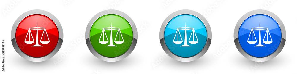 Justice silver metallic glossy icons, red, set of modern design buttons for web, internet and mobile applications in four colors options isolated on white background Justice silver metallic glossy icons, red, set of modern design buttons for web, internet and mobile applications in four colors options isolated on white background