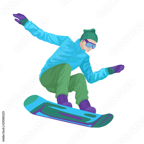 Guy snowboarder jumping with snowboard. Vector illustration