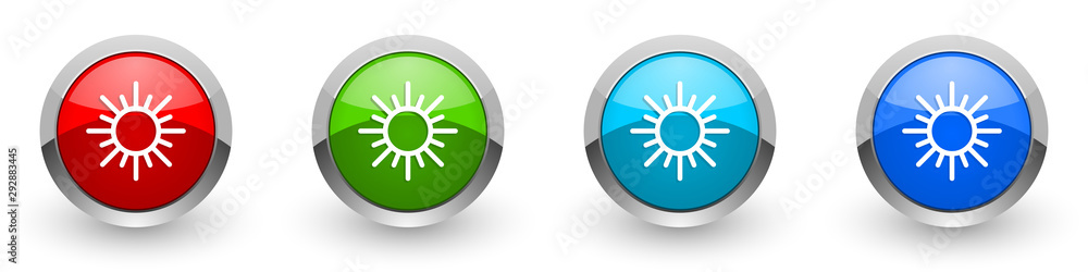 Sun silver metallic glossy icons, red, set of modern design buttons for web, internet and mobile applications in four colors options isolated on white background Sun silver metallic glossy icons, red, set of modern design buttons for web, internet and mobile applications in four colors options isolated on white background