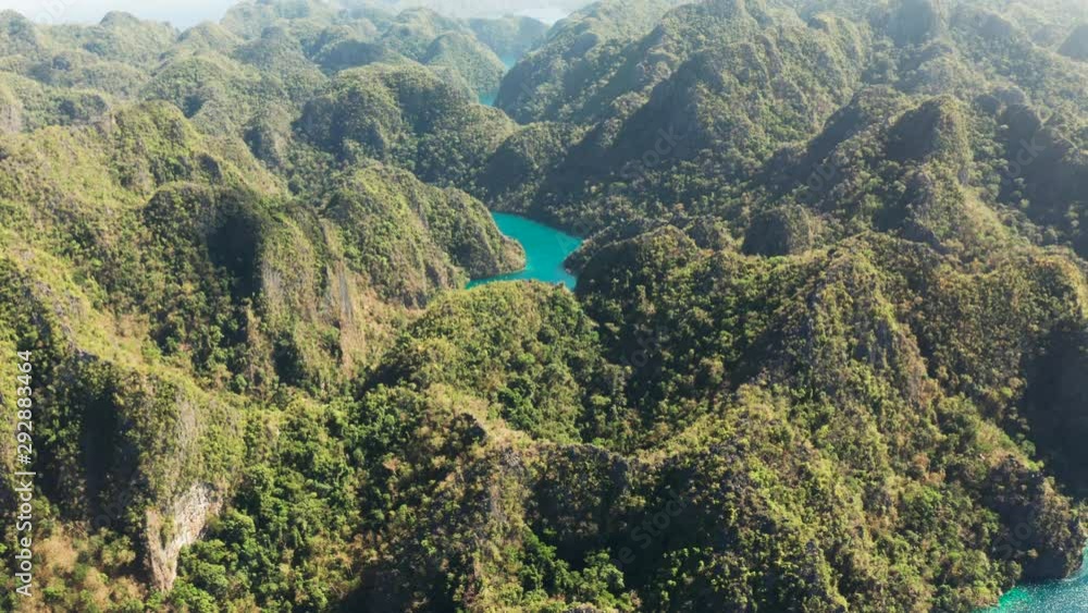 Sea lakes between the rocks. Turquoise lagoon on the Busuanga Islands aerial view.Philippines, Palawan