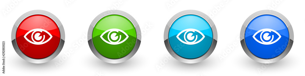 Eye silver metallic glossy icons, red, set of modern design buttons for web, internet and mobile applications in four colors options isolated on white background Eye silver metallic glossy icons, red, set of modern design buttons for web, internet and mobile applications in four colors options isolated on white background