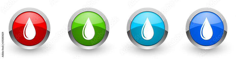 Water drop silver metallic glossy icons, red, set of modern design buttons for web, internet and mobile applications in four colors options isolated on white background Water drop silver metallic glossy icons, red, set of modern design buttons for web, internet and mobile applications in four colors options isolated on white background