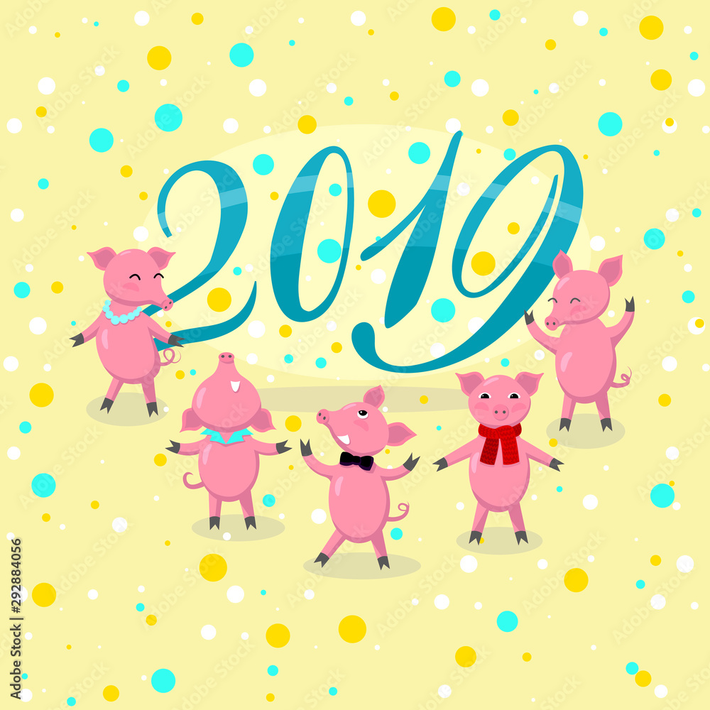 Naklejka premium Cheerful pink pigs celebrate new 2019, Christmas poster. Vector drawing on white background