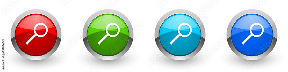 Search silver metallic glossy icons, red, set of modern design buttons for web, internet and mobile applications in four colors options isolated on white background Search silver metallic glossy icons, red, set of modern design buttons for web, internet and mobile applications in four colors options isolated on white background