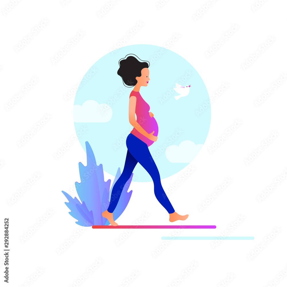 Pregnant woman walking. Active well fitted pregnant female character. Happy  pregnancy. Yoga and sport for pregnant. Flat cartoon vector illustration  Stock Vector | Adobe Stock