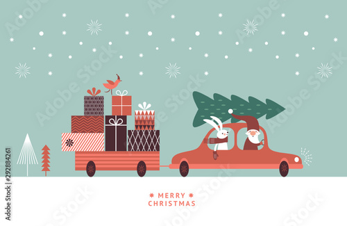 Christmas illustration. Santa and rabbit in knitted scarf are going by car and carry gifts and christmas tree