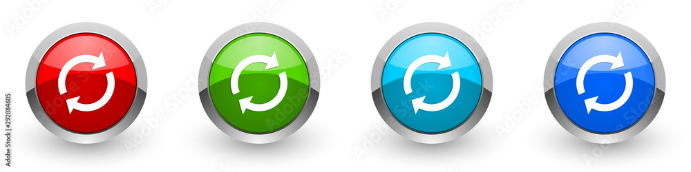 Reload silver metallic glossy icons, red, set of modern design buttons for web, internet and mobile applications in four colors options isolated on white background Reload silver metallic glossy icons, red, set of modern design buttons for web, internet and mobile applications in four colors options isolated on white background