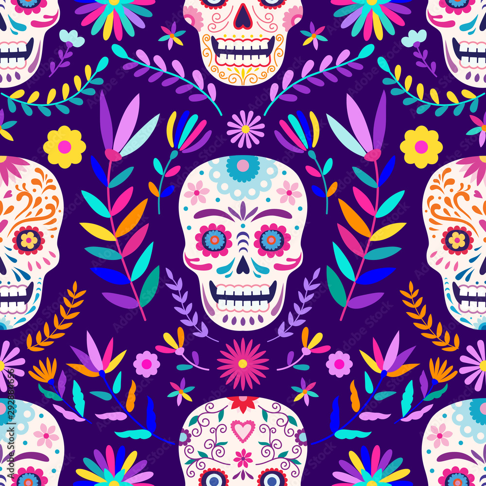 Death Day, seamless pattern, sugar skull on a floral background Death Day, seamless pattern, sugar skull on a floral background