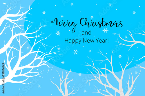 Tree branches, snowflakes in the sky. New Year s festive winter background. photo