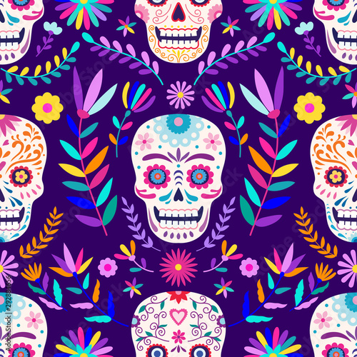 Death Day, seamless pattern, sugar skull on a floral background