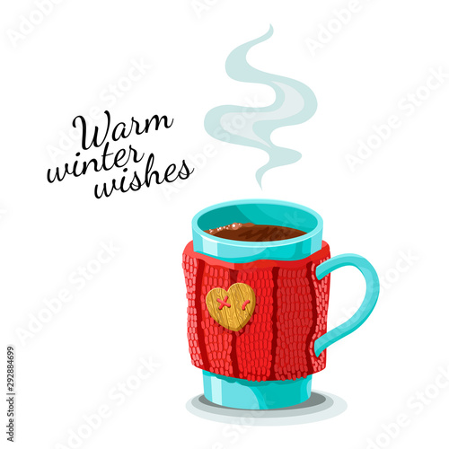Mug with hot drink and steam, a knitted scarf and heart a button on a cup. Vector drawing