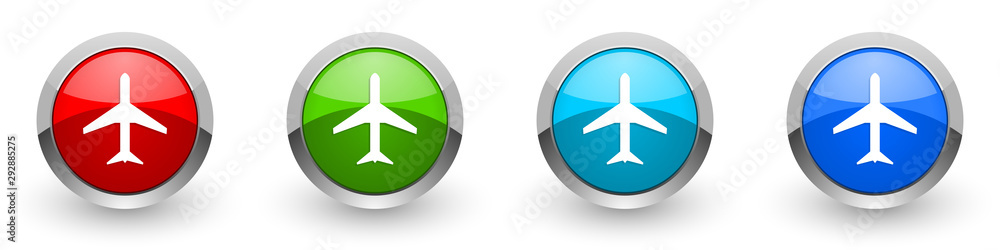 Plane silver metallic glossy icons, red, set of modern design buttons for web, internet and mobile applications in four colors options isolated on white background