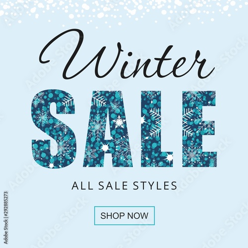 Winter sale banner with snowflakes isolated on blue background.
