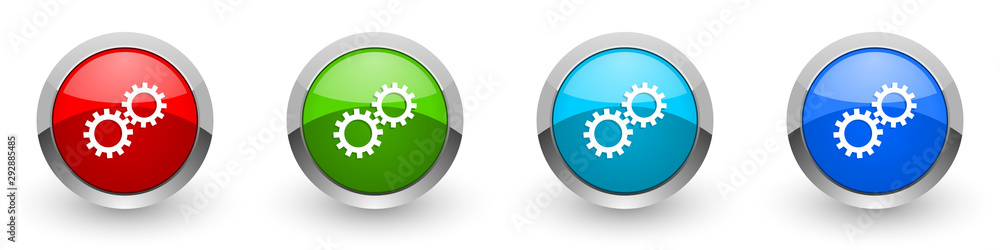 Gear silver metallic glossy icons, red, set of modern design buttons for web, internet and mobile applications in four colors options isolated on white background Gear silver metallic glossy icons, red, set of modern design buttons for web, internet and mobile applications in four colors options isolated on white background
