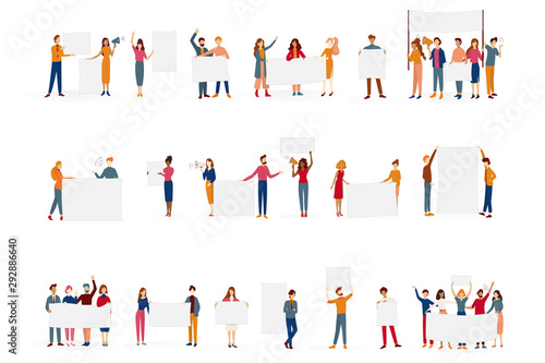 People hold banner set. Collection of group of character