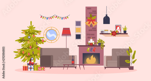 Christmas cozy room with tree and gift boxes