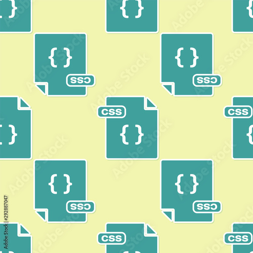 Green CSS file document. Download css button icon isolated seamless pattern on yellow background. CSS file symbol. Vector Illustration