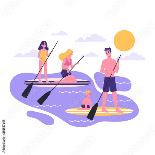 Family paddle. SUP surfing activity. Man, woman and children