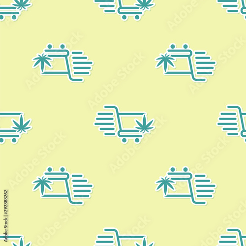 Green Shopping cart with marijuana or cannabis leaf icon isolated seamless pattern on yellow background. Online buying. Delivery service. Supermarket basket. Vector Illustration