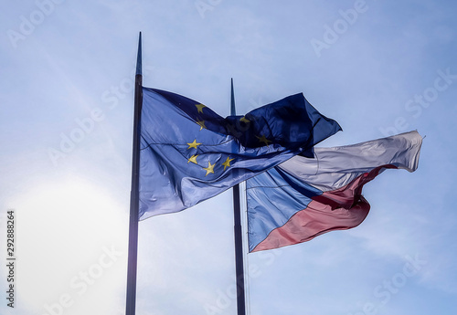 Waving flags of Czech Republic and European Union