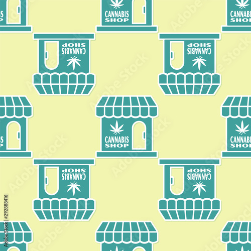 Green Marijuana and cannabis store icon isolated seamless pattern on yellow background. Equipment and accessories for smoking, storing medical cannabis. Vector Illustration