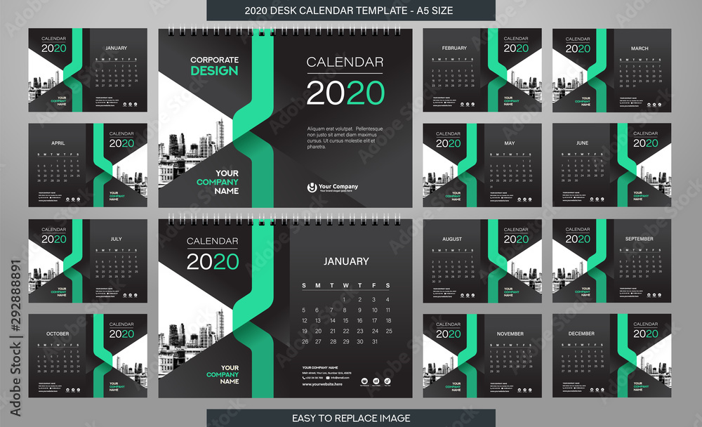 Desk Calendar 2020 template - 12 months included - A5 Size Stock Vector ...