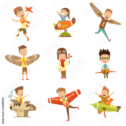 Small Children In Pilot Costumes Dreaming Of Piloting The Plane, Playing With Toys Adorable Cartoon Characters.