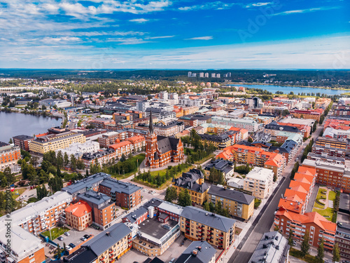 Lulea, Sweden - July 05, 2019: Panorama city, Cathedral sunny day, blue sky