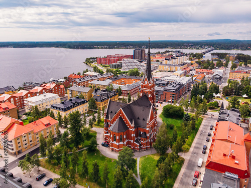 Lulea, Sweden - July 05, 2019: Panorama city, Cathedral sunny day, blue sky photo