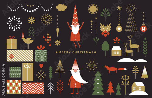 Set of graphic elements for Christmas cards. Gnome, deer, Christmas Trees, snowflakes, stylized gift boxes. Black background.	