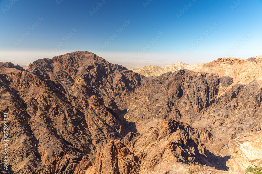 View from the observation deck near Ad Deir monastery. Petra, Jordan. Petra is the main attraction of Jordan. Petra is included in the UNESCO heritage list.