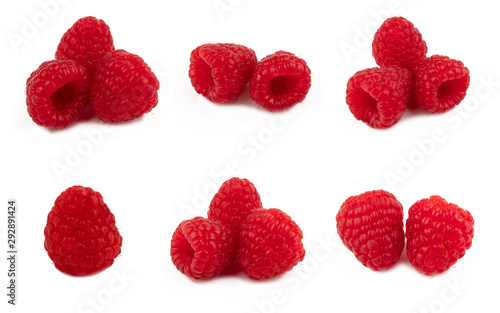 Set of raspberries group. Composition of red raspberries. Isolated on a white background.