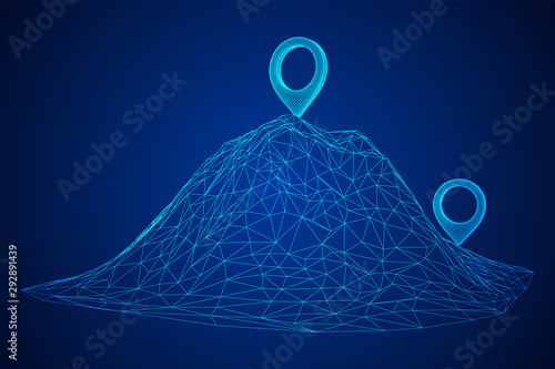 Geo map pin on mountain peak top. Place symbol GPS pictogram. Wireframe low poly mesh vector illustration