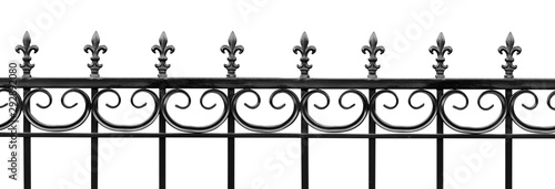 Black wrought iron front garden. Metal fence made of forged steel. Close up. Isolated on white background