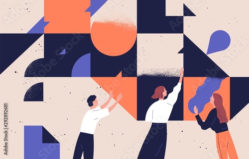 Teamwork concept flat vector illustration. Coworkers cartoon characters and abstract geometrical shapes. Coworking and problem solving concept. Businessmen and businesswomen communication.