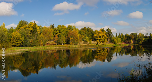 Beautiful panorama of autumn river bank on clear day