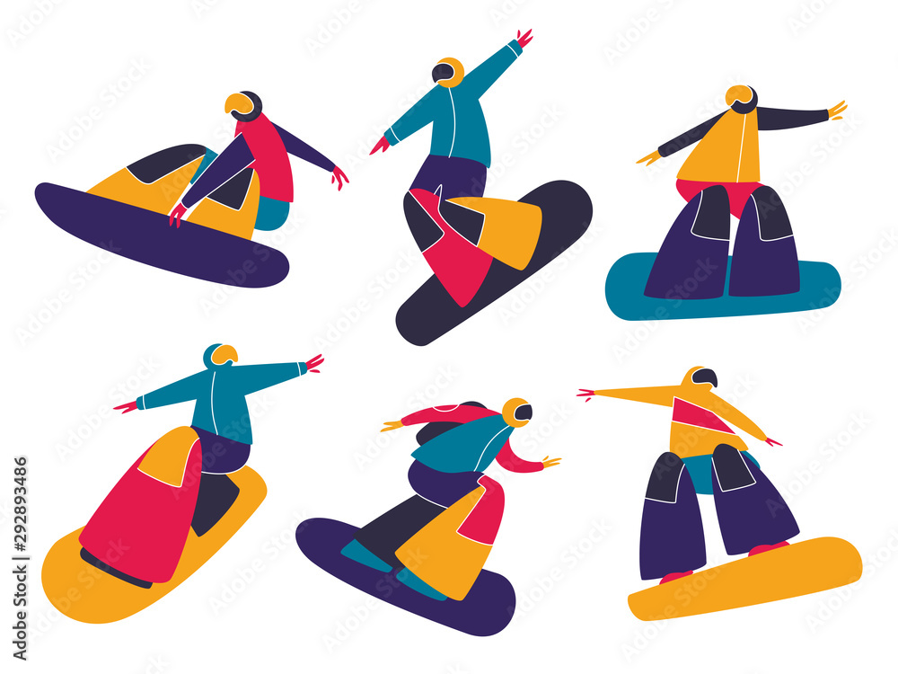 WInter mountain sport activities. Snowboarding. Snowboard riders. Flat style people characters vector illustration.