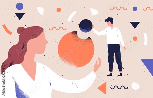 Analysts team coworking flat vector abstract illustration. Business analytics, data analysis concept. Employees teamwork and collaboration. Businessman character analyzing pie chart infographics.
