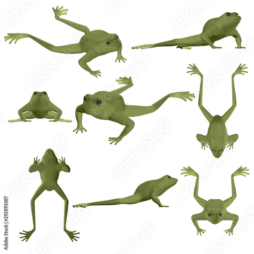 Set with polygonal frog. Green frog in different positions. 3D. Vector illustration.