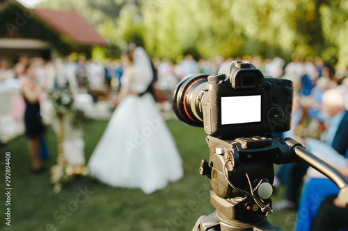 Camera mounted on a stand ready for the wedding.