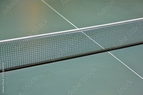 Narrow cloth net stretched on a green ping pong table