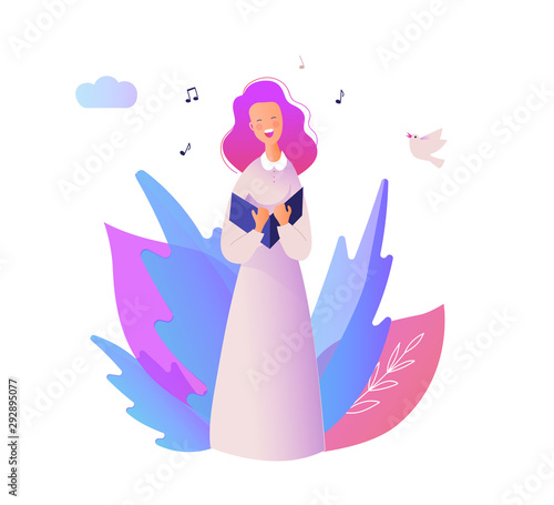 Singer woman or girl character. Vector flat cartoon illustration
