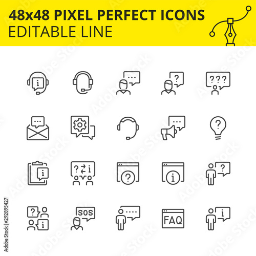 Simple set of icons for technical support and assistance. Get the   qualified answer any time or consult with the specialist of our call-center. Contains such Icons as speaker, headset, operator. 